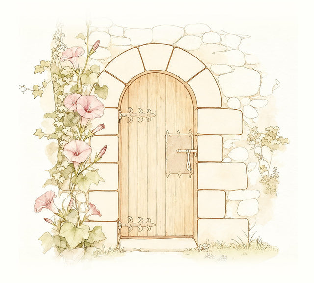 Una puerta de madera arqueada en un muro de piedra, con campanillas rosas trepando por un lado.